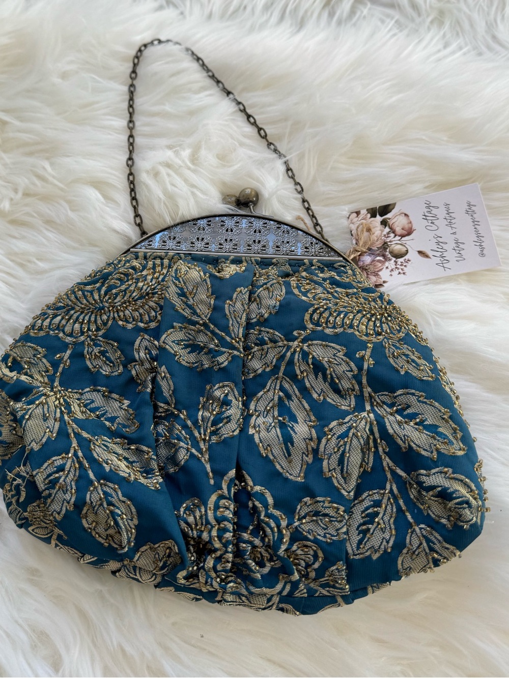Embroidered Teal Evening Clutch with Gold Leaf Detailing